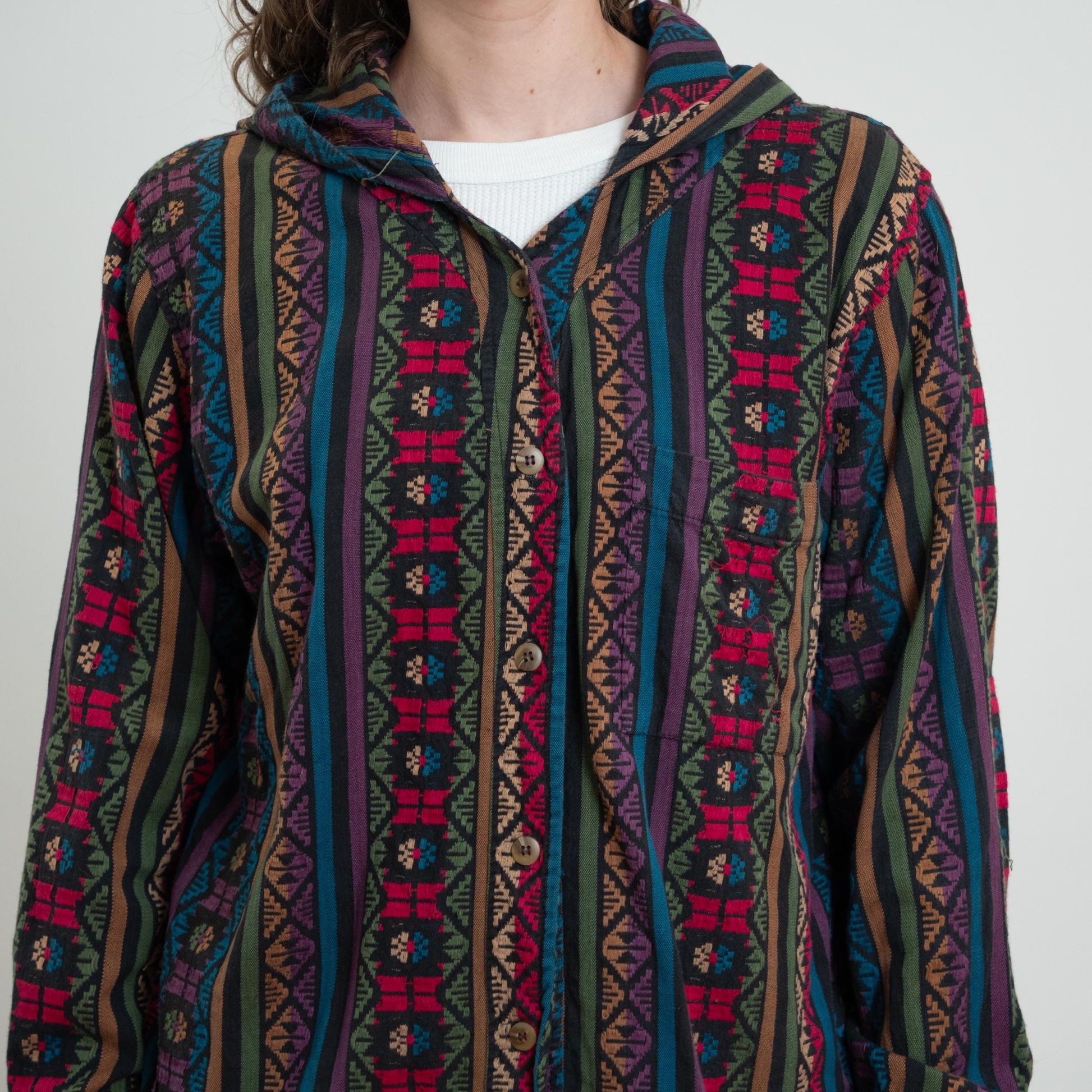 Vintage 80s Southwestern Jewel Tone Striped Hoodie - Large