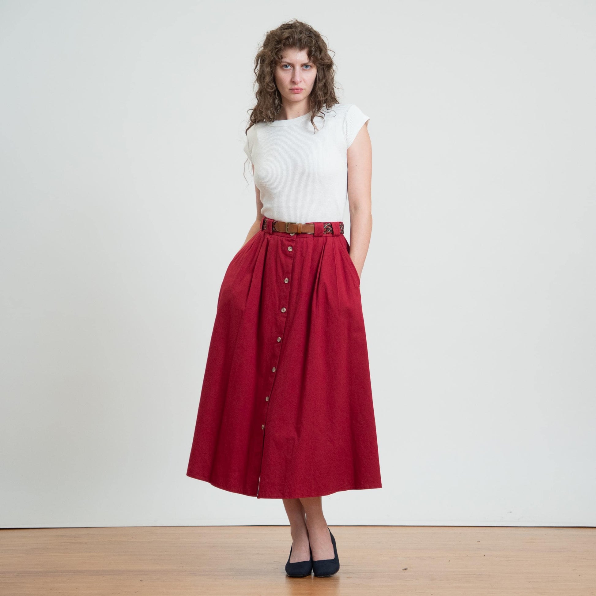 Vintage 80s Wine Red Woven Belt Midi Skirt - Large