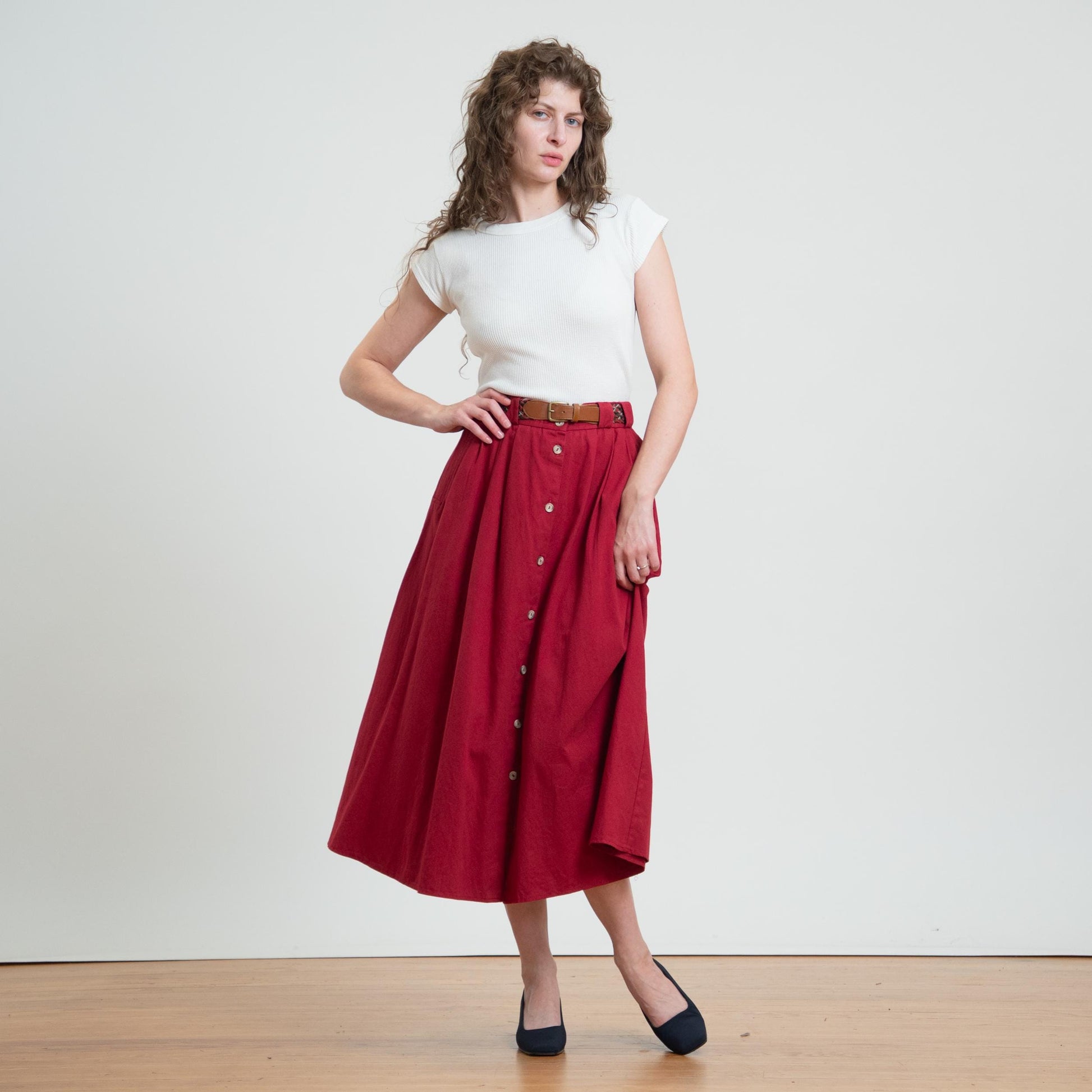 Vintage 80s Wine Red Woven Belt Midi Skirt - Large