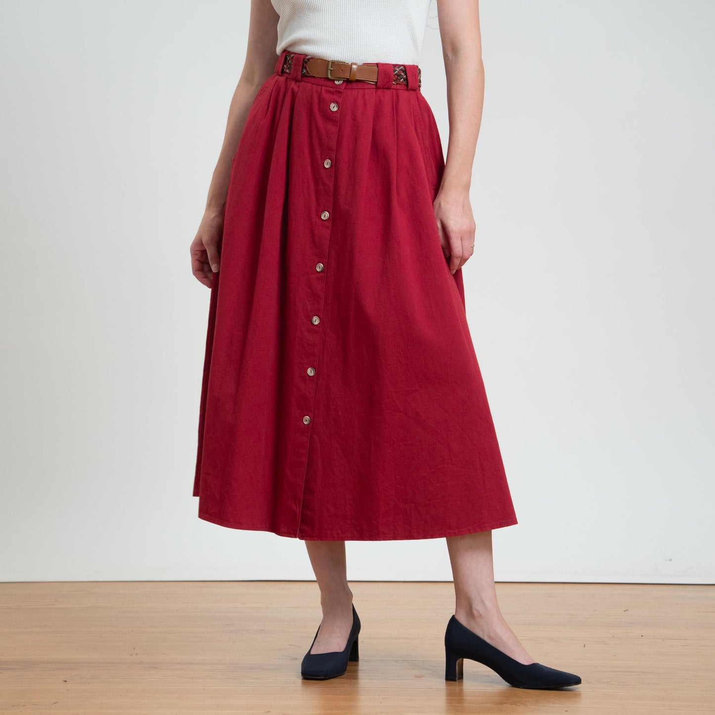 Vintage 80s Wine Red Woven Belt Midi Skirt - Large
