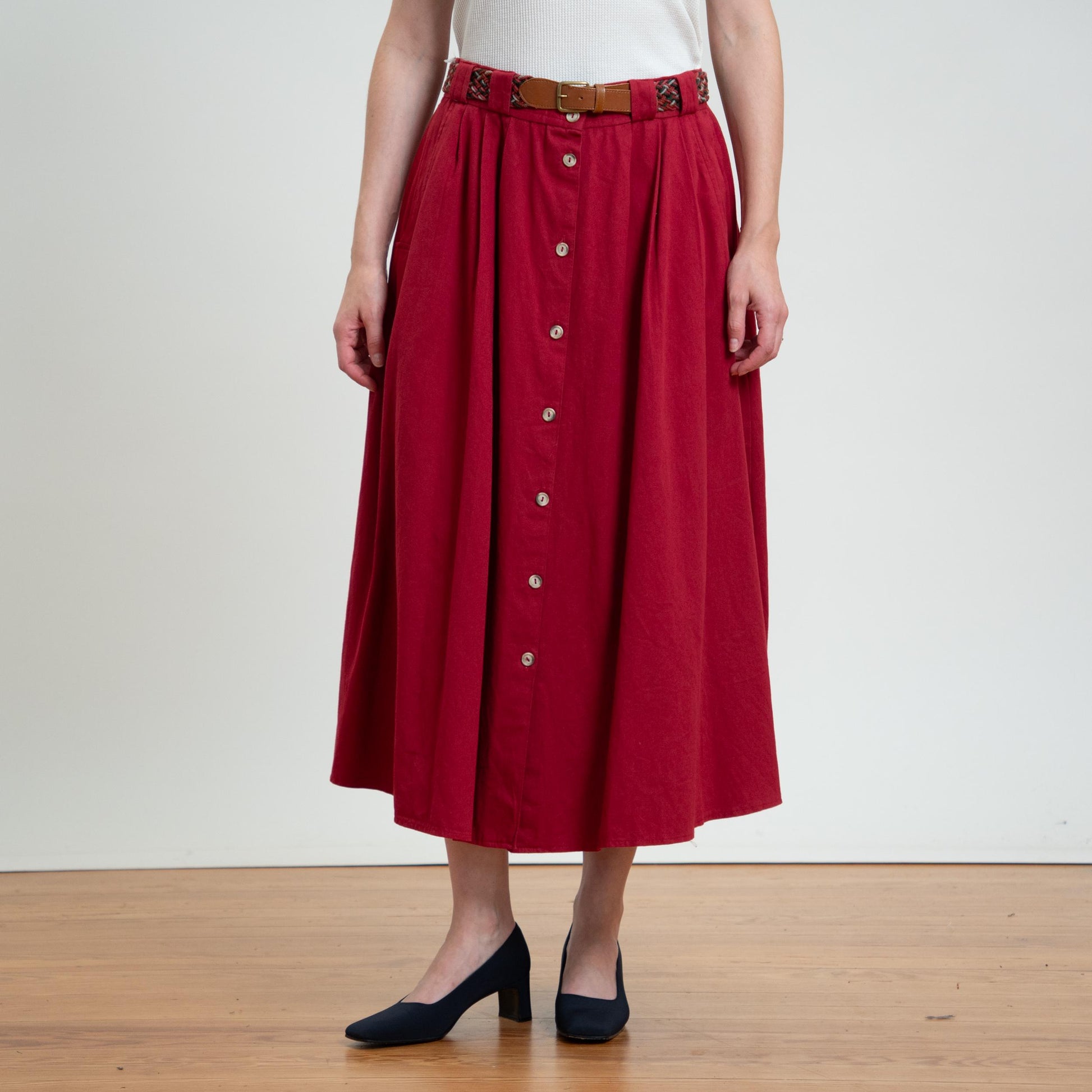 Vintage 80s Wine Red Woven Belt Midi Skirt - Large