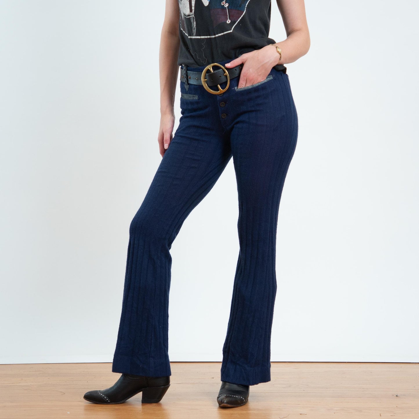Vintage 70s Navy Knit Faux Leather Trim Flares - Small