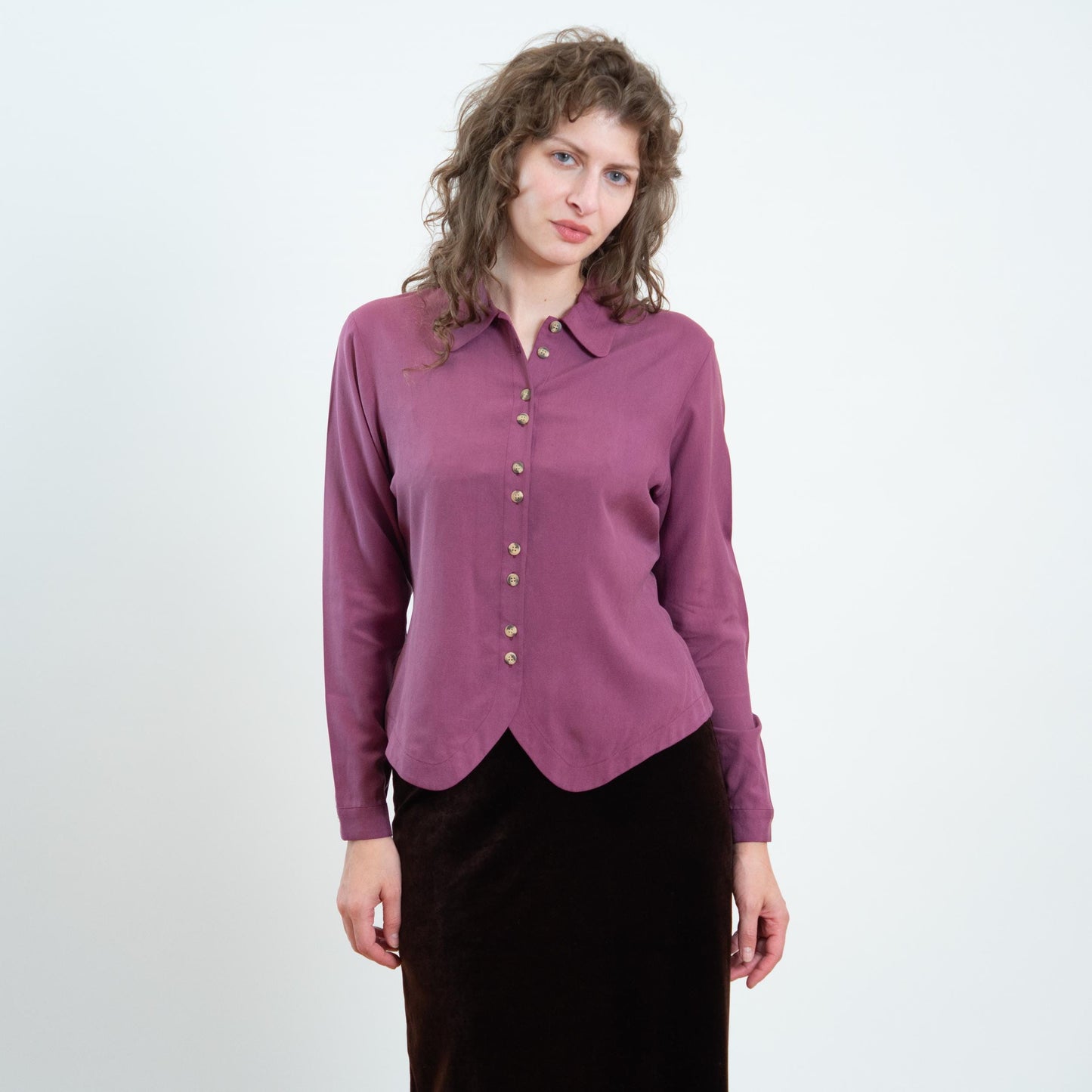 Vintage 90s Mauve Purple Silk Double Button Blouse - Small