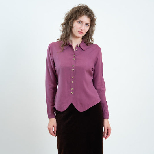 Vintage 90s Mauve Purple Silk Double Button Blouse - Small