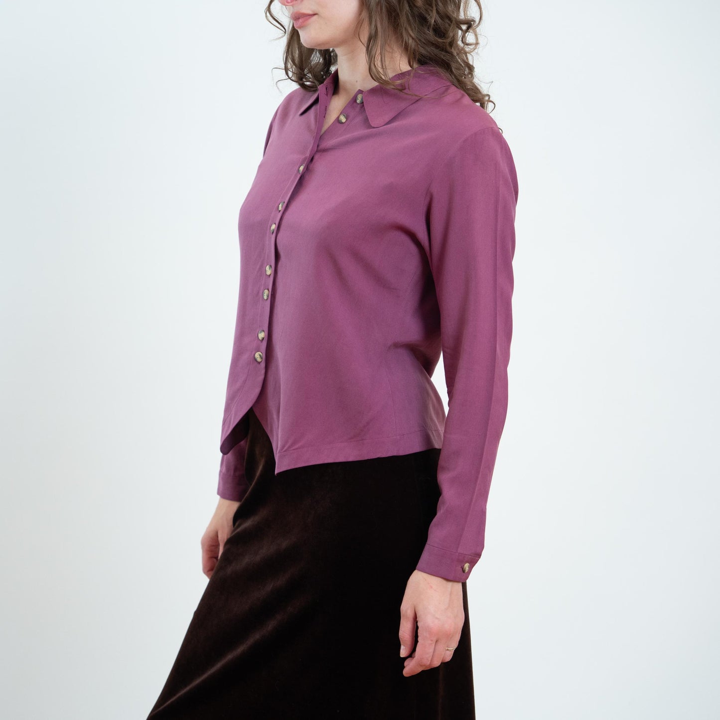 Vintage 90s Mauve Purple Silk Double Button Blouse - Small