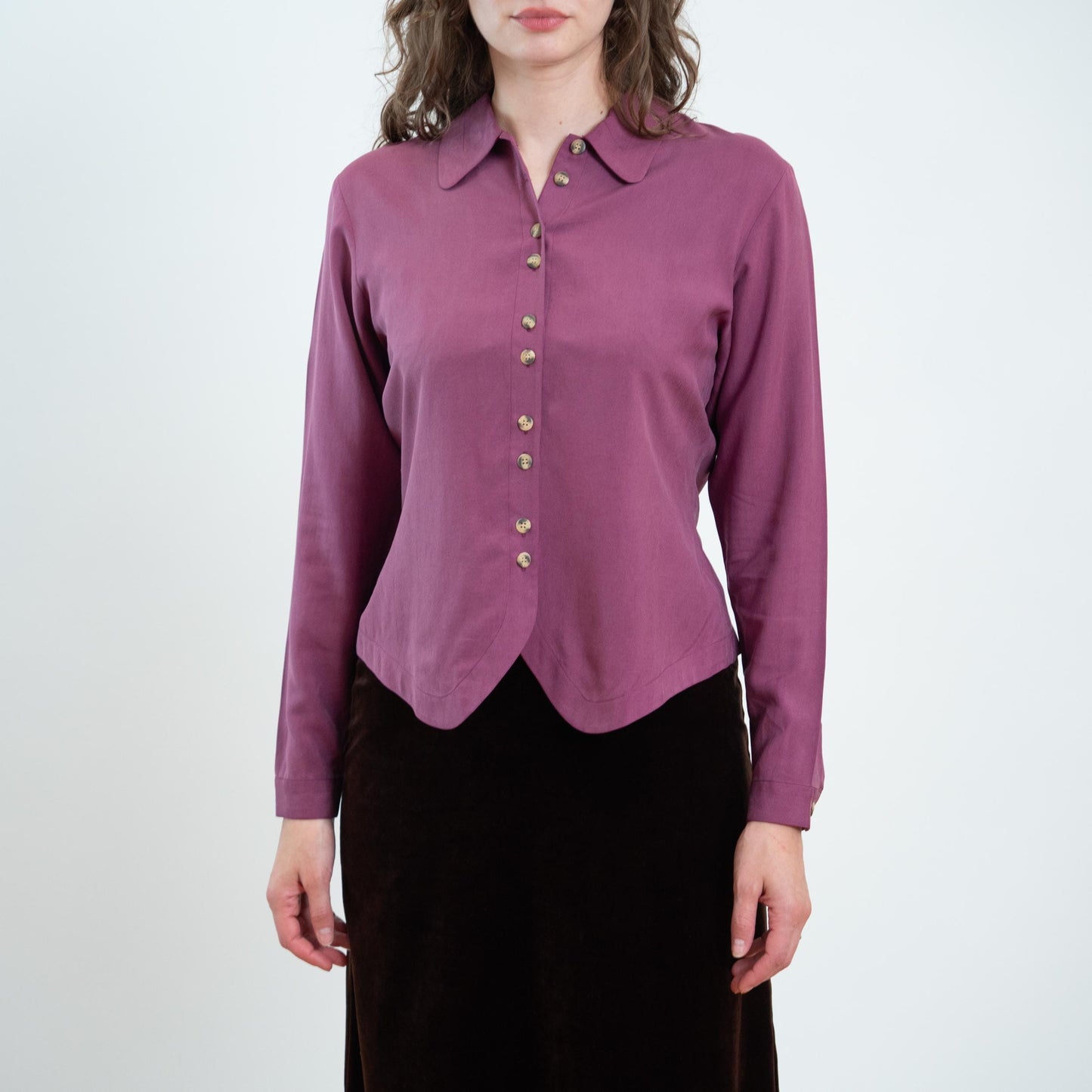 Vintage 90s Mauve Purple Silk Double Button Blouse - Small