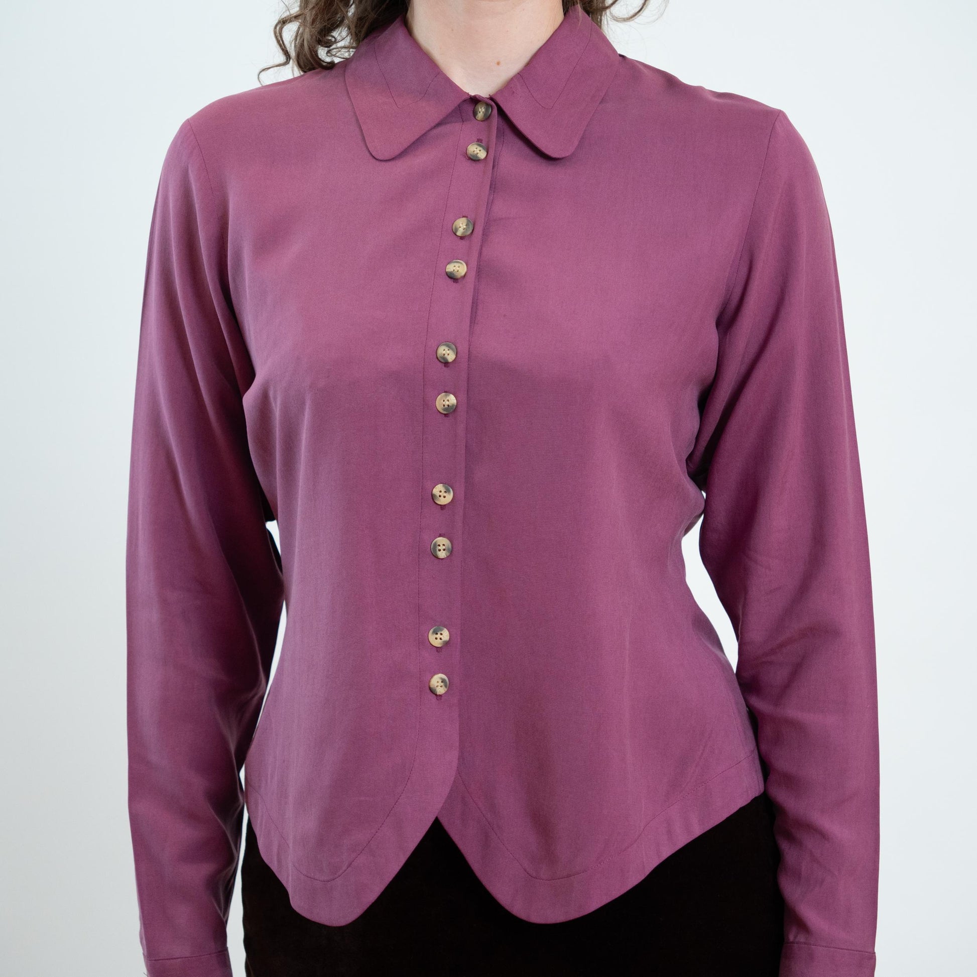 Vintage 90s Mauve Purple Silk Double Button Blouse - Small