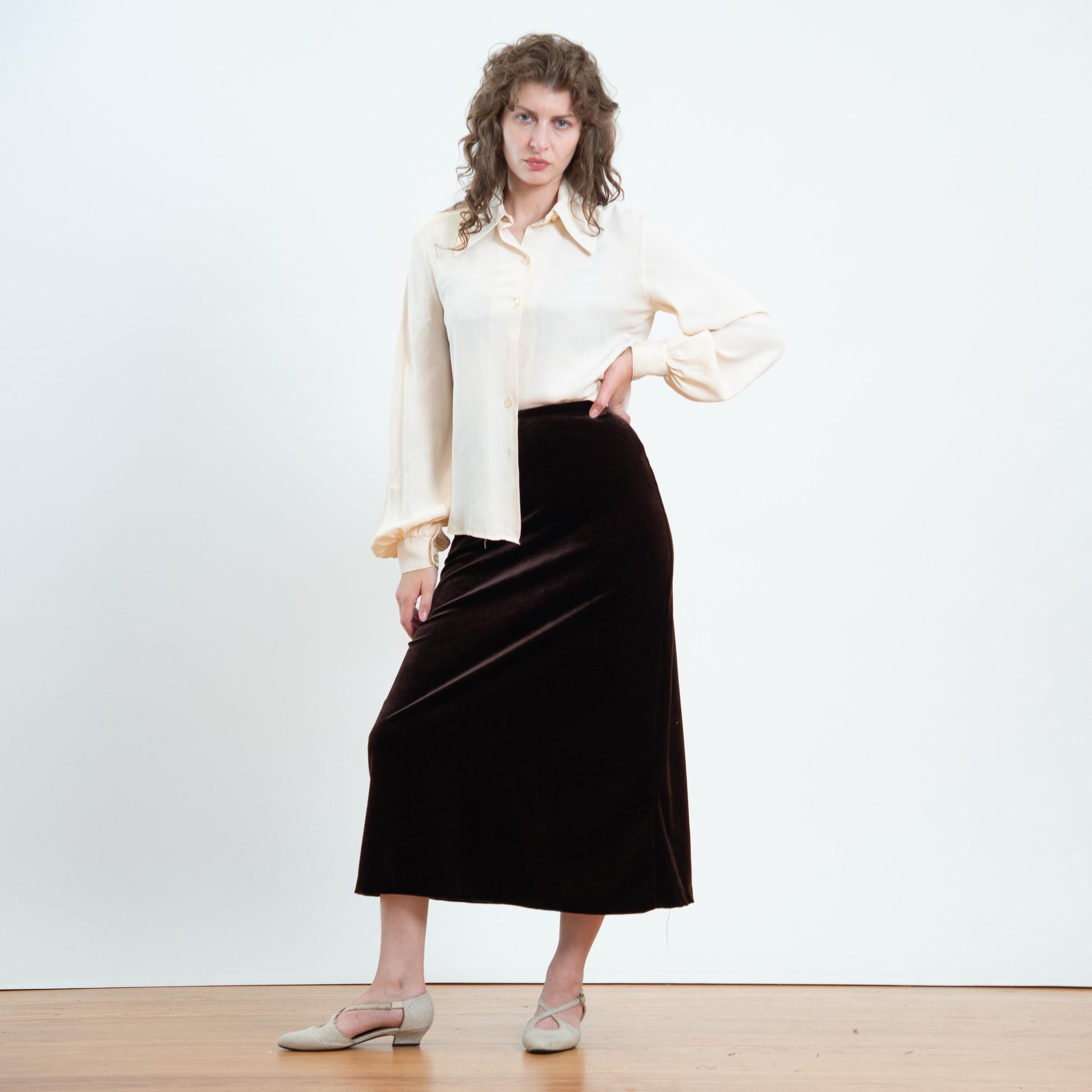 Vintage 90s Dark Brown Velvet Maxi Skirt - Small