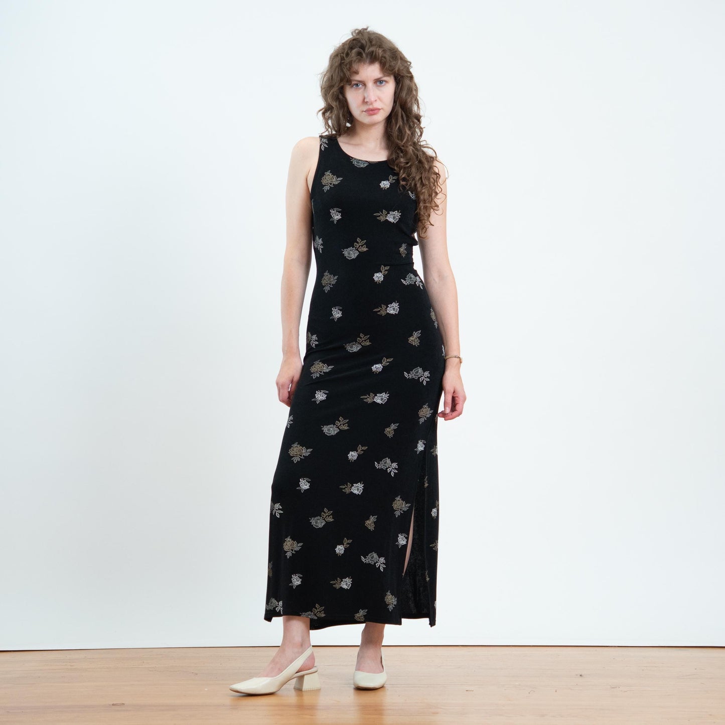 Vintage 90s Black Floral Slinky Maxi Tank Dress - Medium