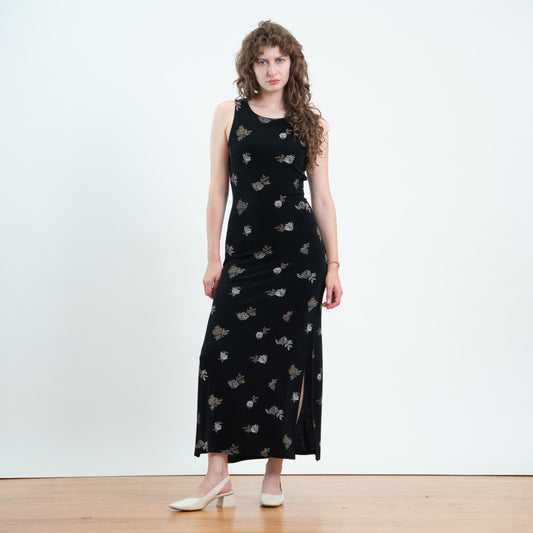 Vintage 90s Black Floral Slinky Maxi Tank Dress - Medium