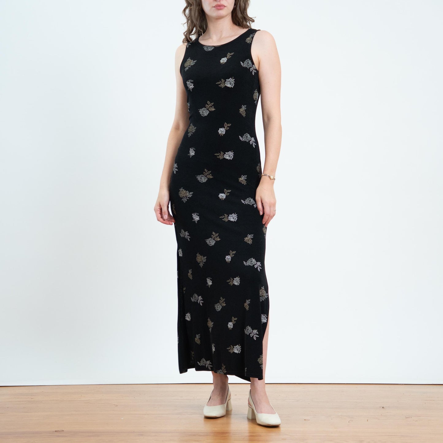Vintage 90s Black Floral Slinky Maxi Tank Dress - Medium