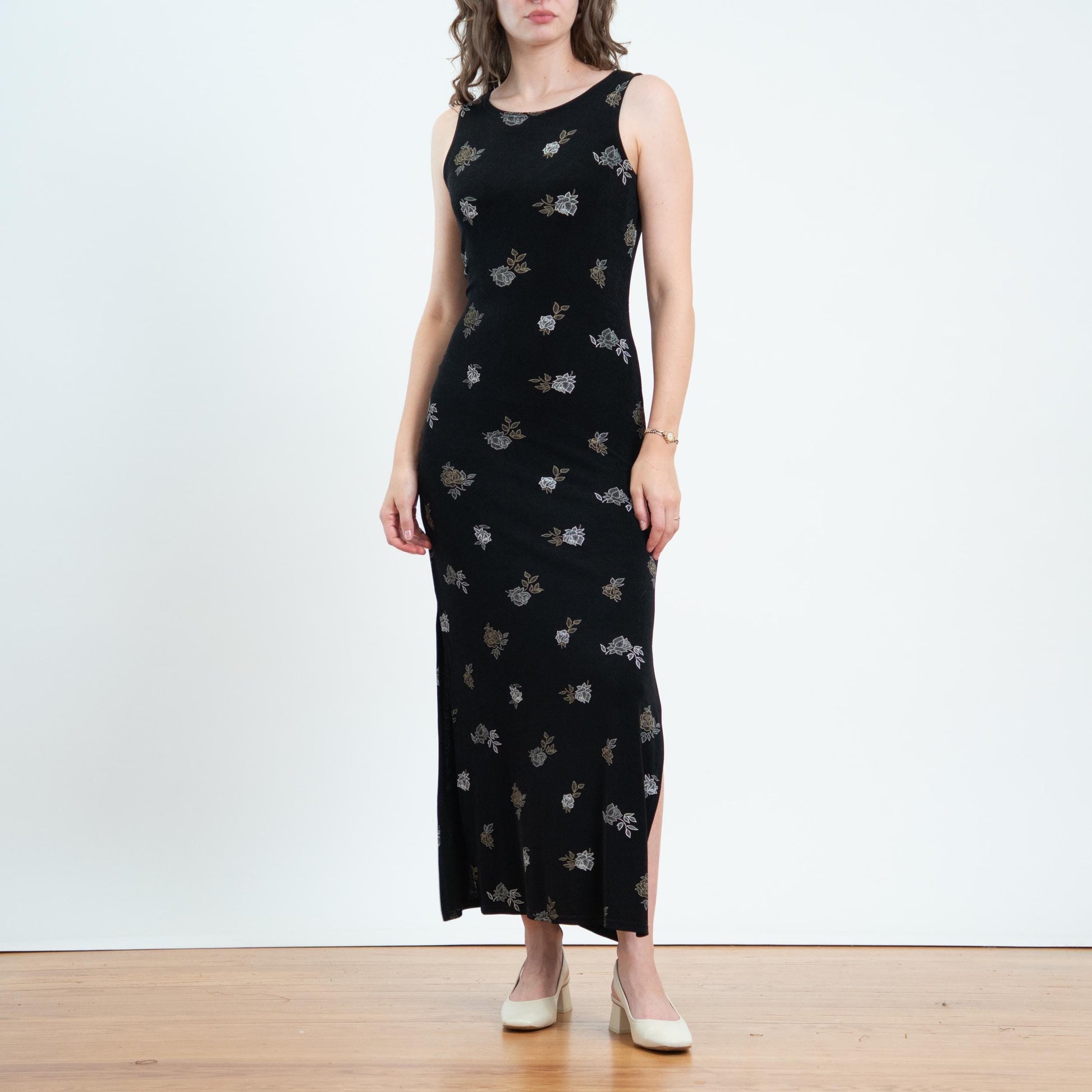 Vintage 90s Black Floral Slinky Maxi Tank Dress - Medium