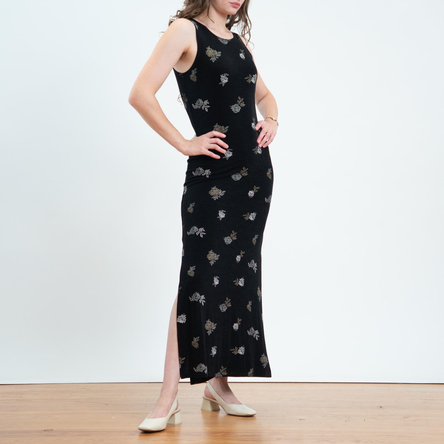 Vintage 90s Black Floral Slinky Maxi Tank Dress - Medium