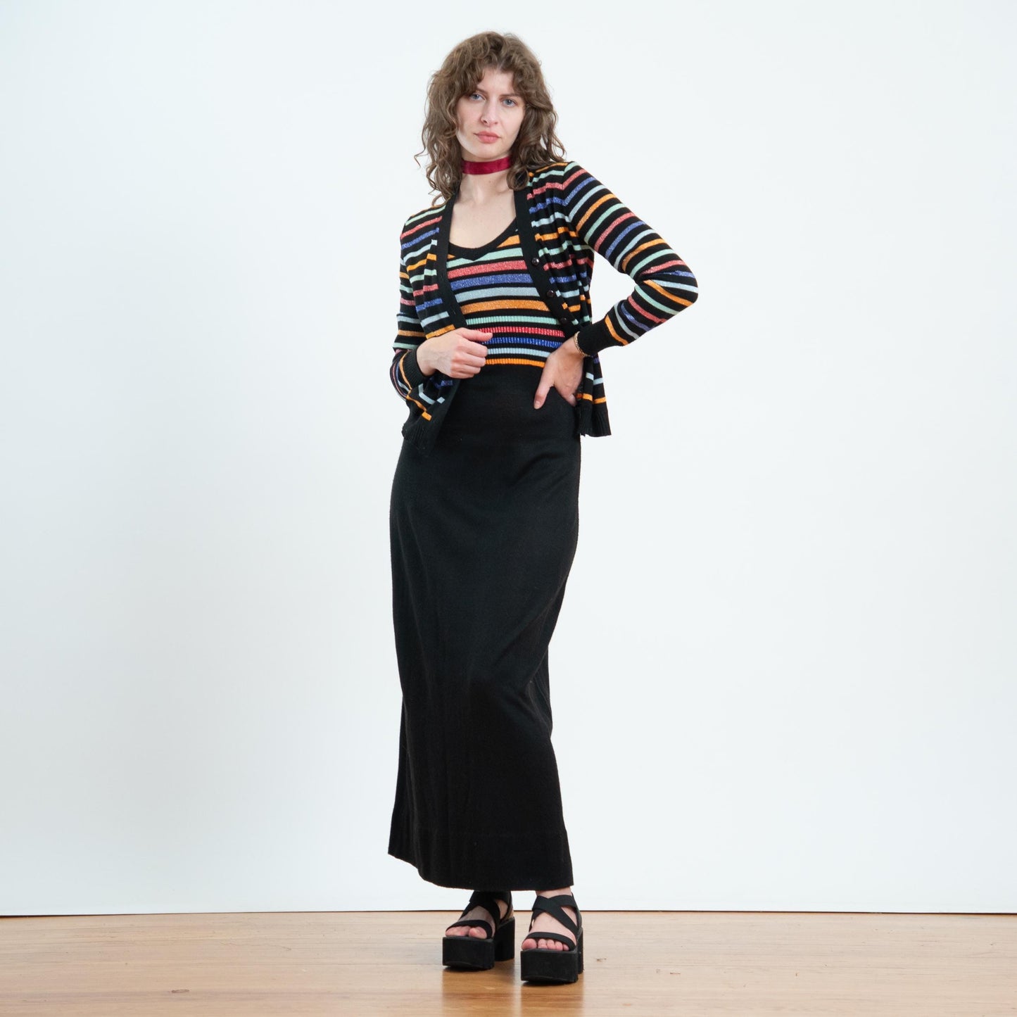 Vintage 70s Lurex Striped Knit Maxi Dress & Cardigan Set - Small | Black Jewel Tone Stripe Matching Two Piece Outfit