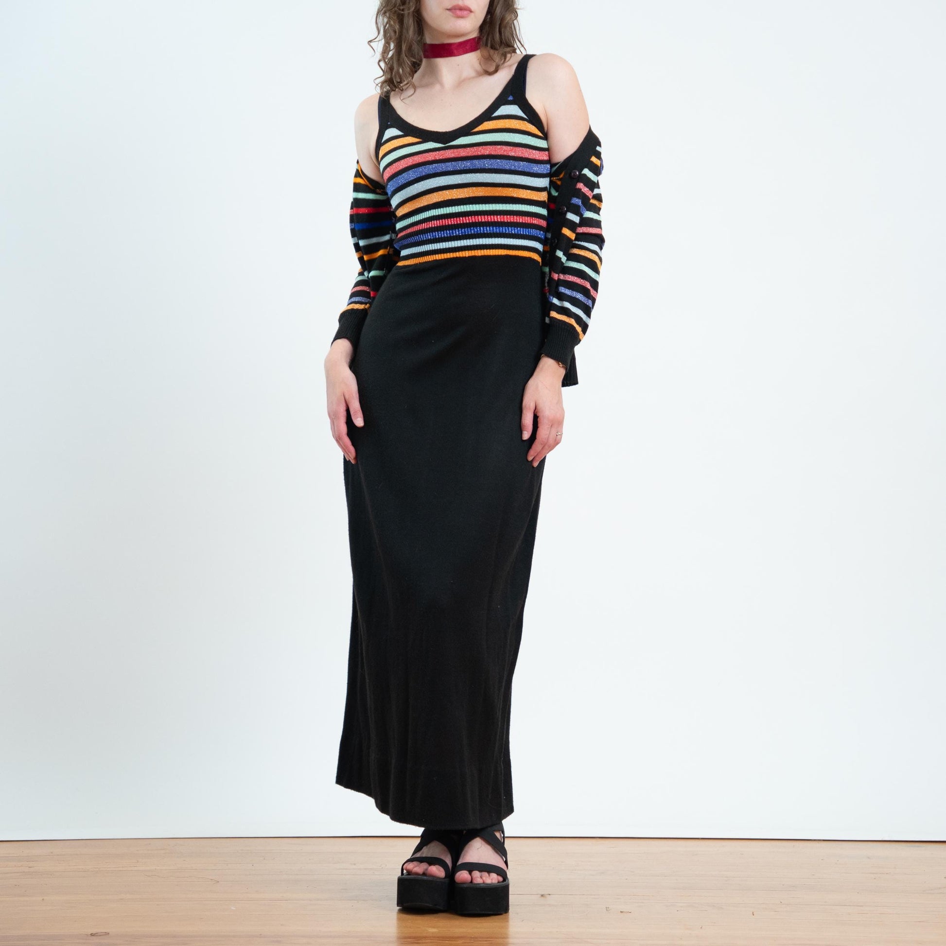 Vintage 70s Lurex Striped Knit Maxi Dress & Cardigan Set - Small | Black Jewel Tone Stripe Matching Two Piece Outfit