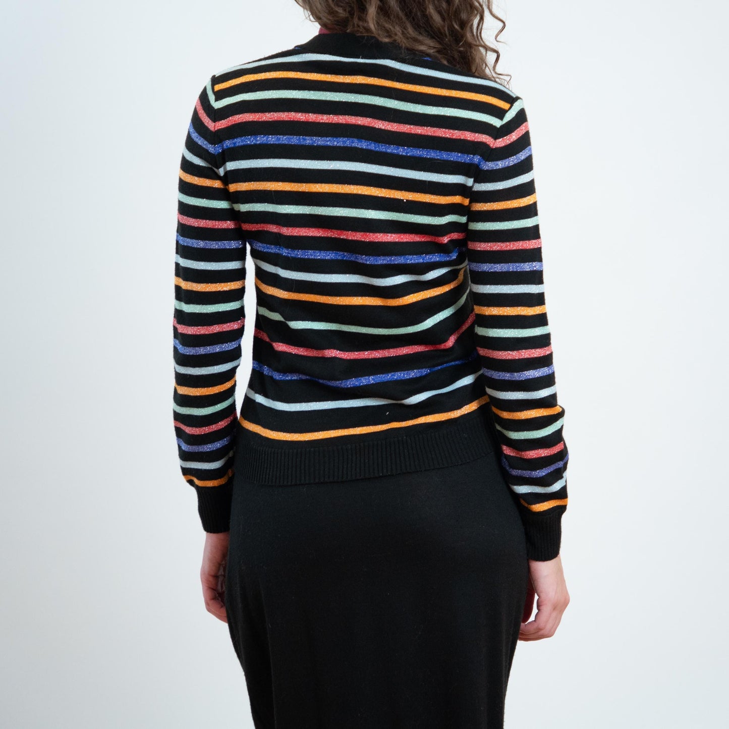 Vintage 70s Lurex Striped Knit Maxi Dress & Cardigan Set - Small | Black Jewel Tone Stripe Matching Two Piece Outfit