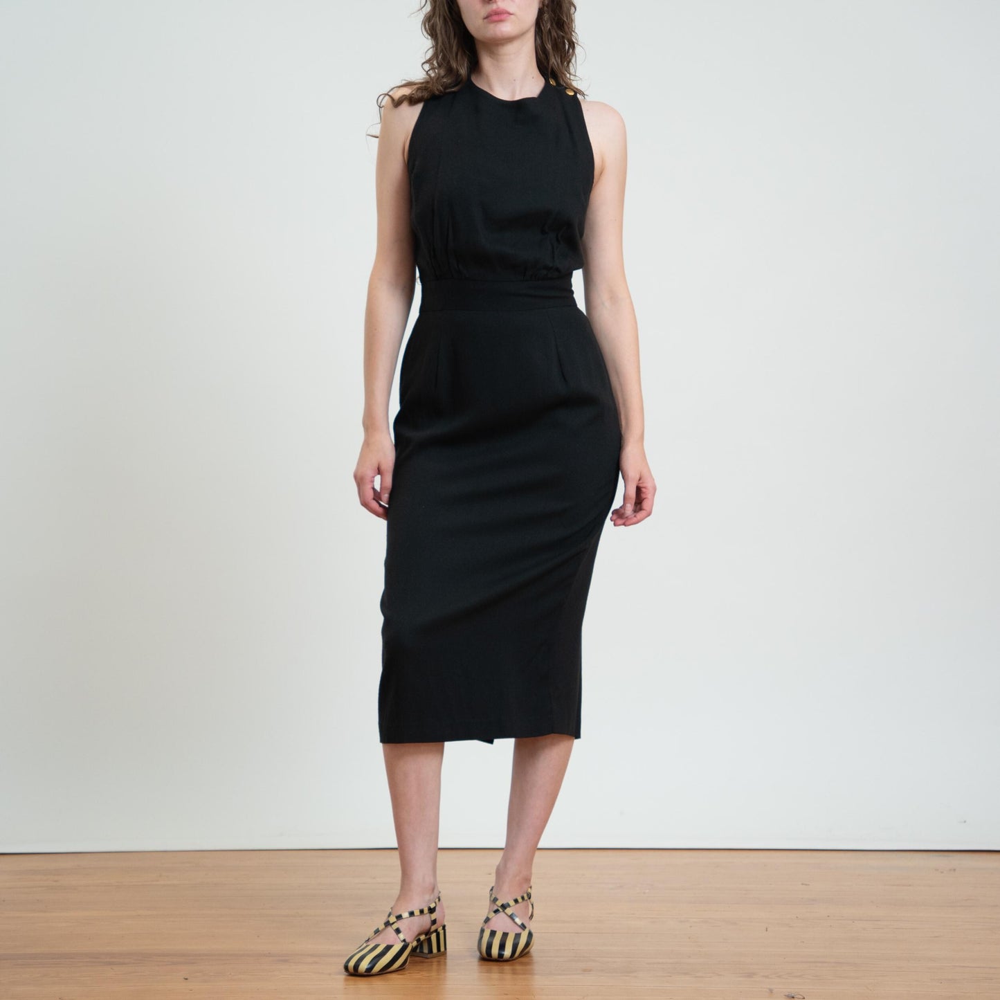 Vintage 80s Black Cross Back Midi Cocktail Dress - Medium