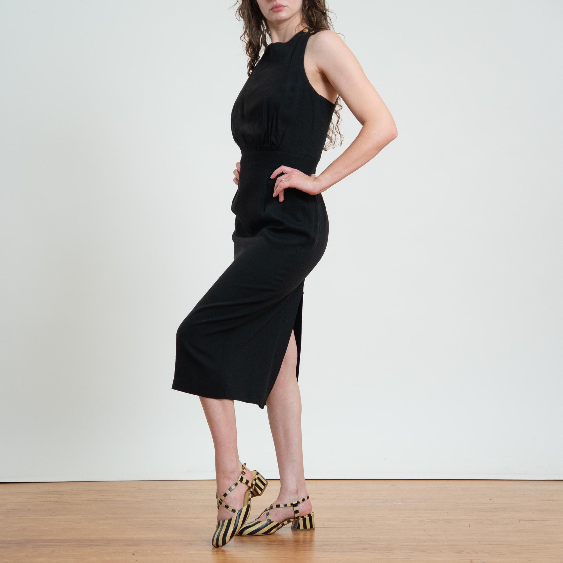 Vintage 80s Black Cross Back Midi Cocktail Dress - Medium