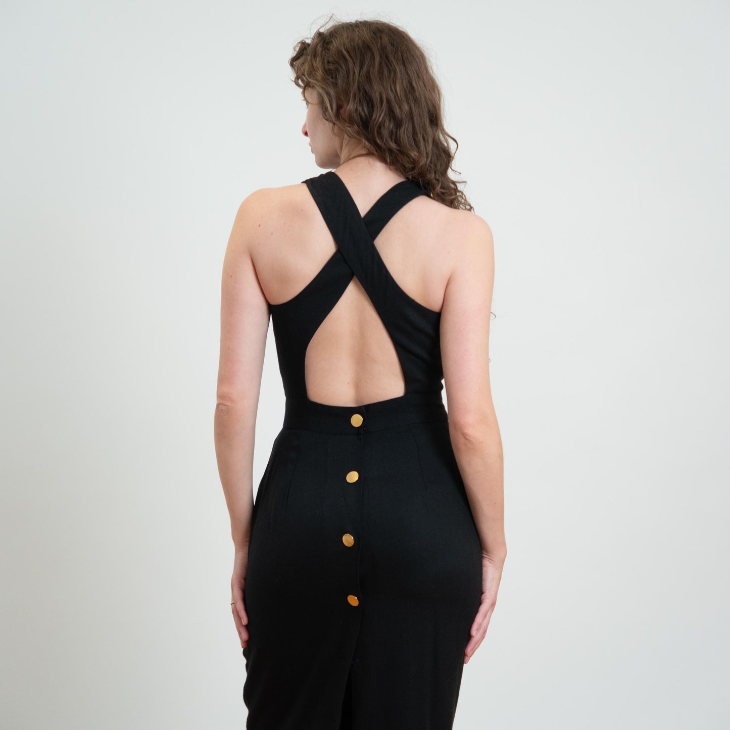 Vintage 80s Black Cross Back Midi Cocktail Dress - Medium
