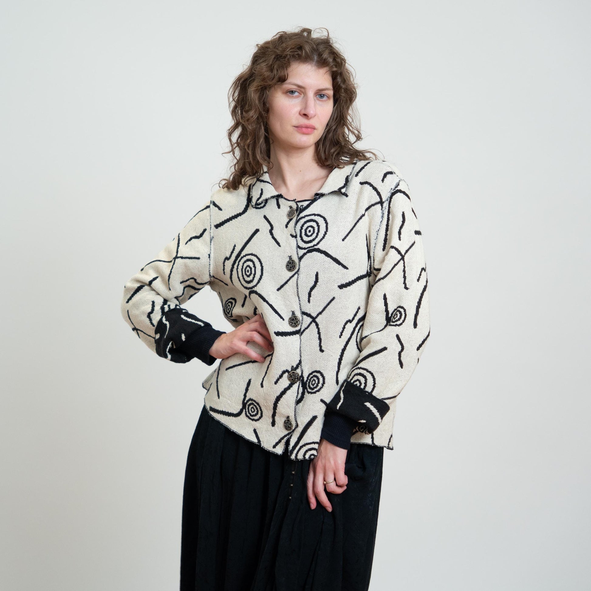 Vintage 90s Black & White Reversible Tapestry Jacket - Medium