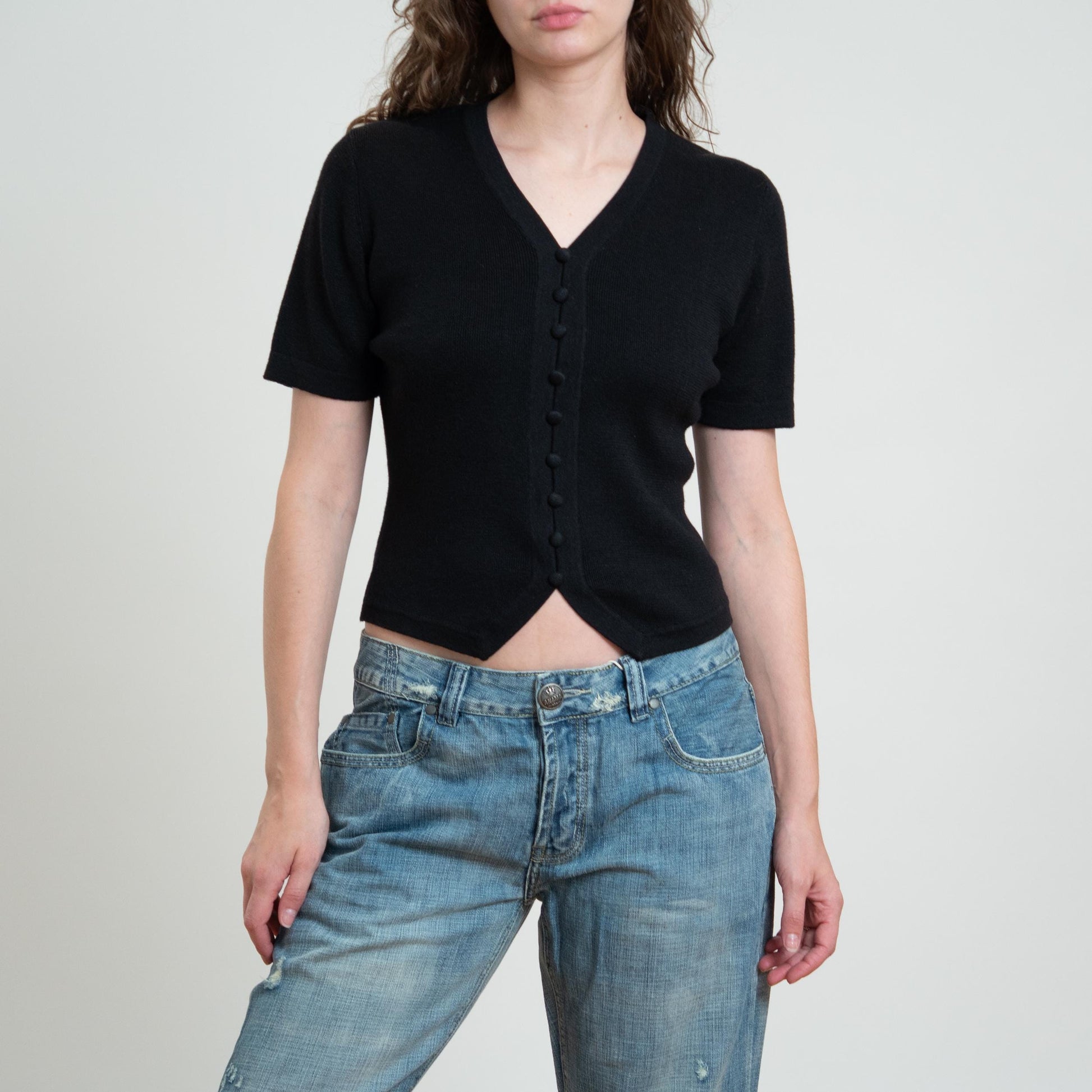 Vintage 90s Black Knit Waistcoat Hem Top - Small