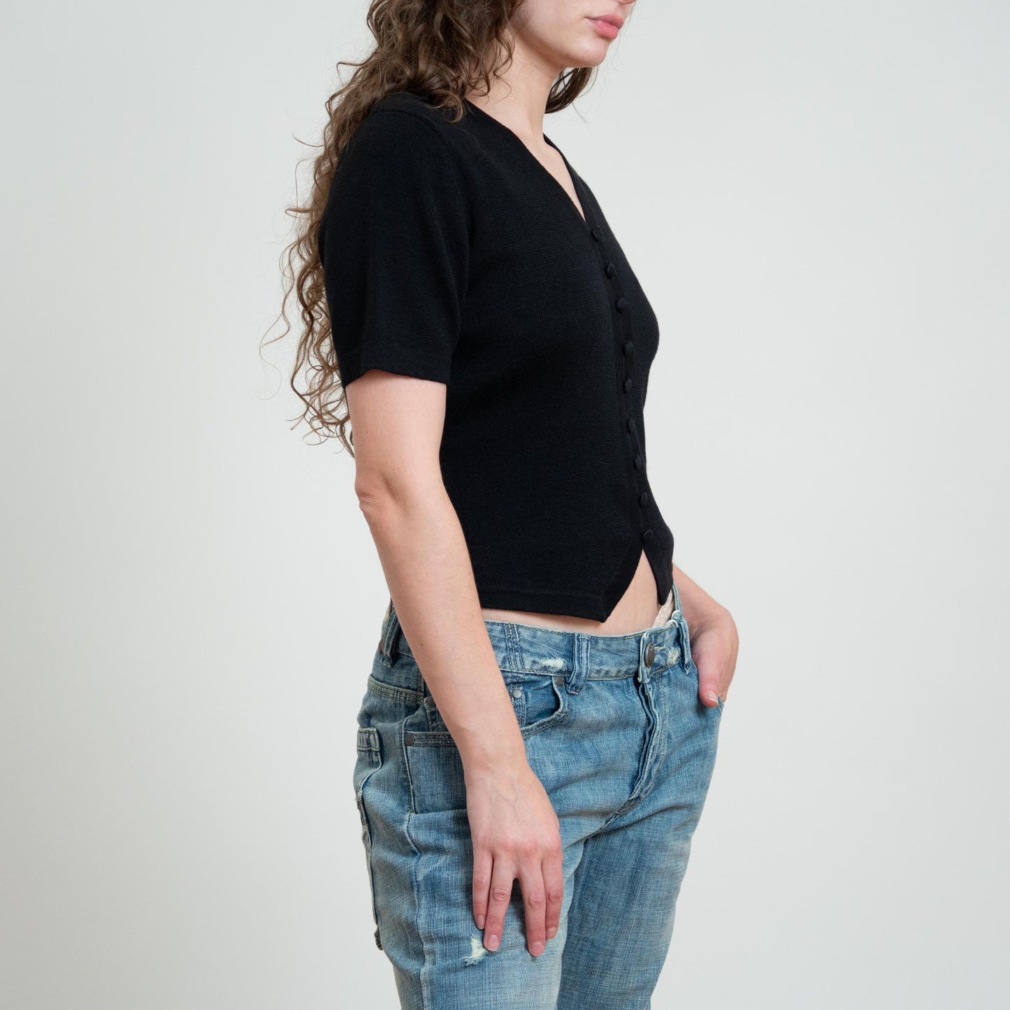 Vintage 90s Black Knit Waistcoat Hem Top - Small
