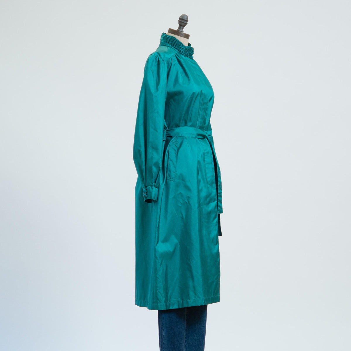 Vintage 80s Shiny Teal Belted Rain Jacket - Petite Large | Puff Sleeve Mid Length Trench Coat