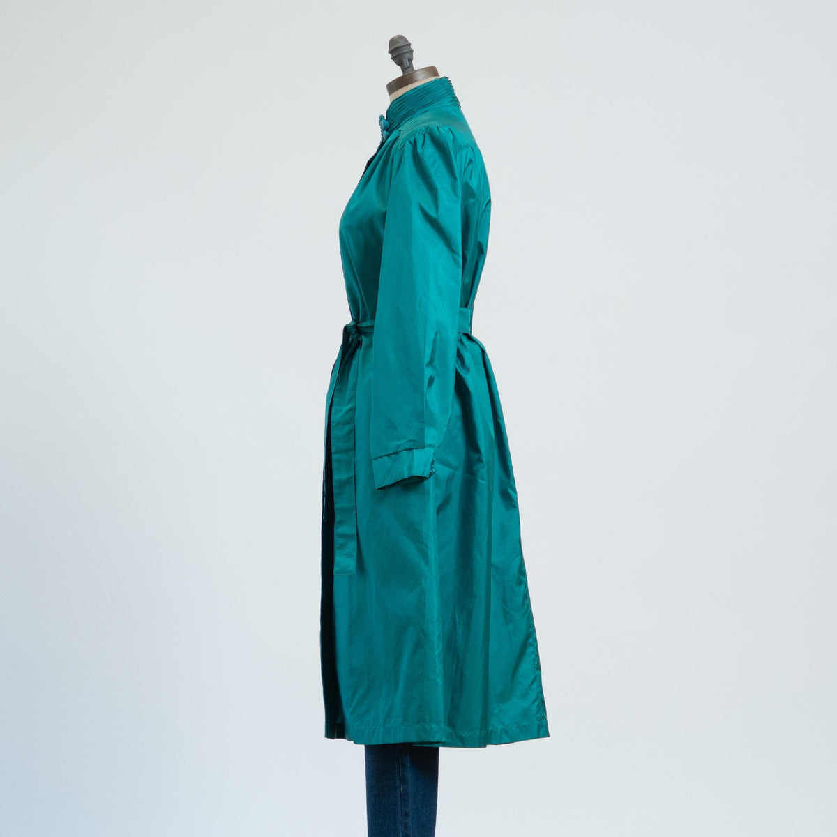 Vintage 80s Shiny Teal Belted Rain Jacket - Petite Large | Puff Sleeve Mid Length Trench Coat