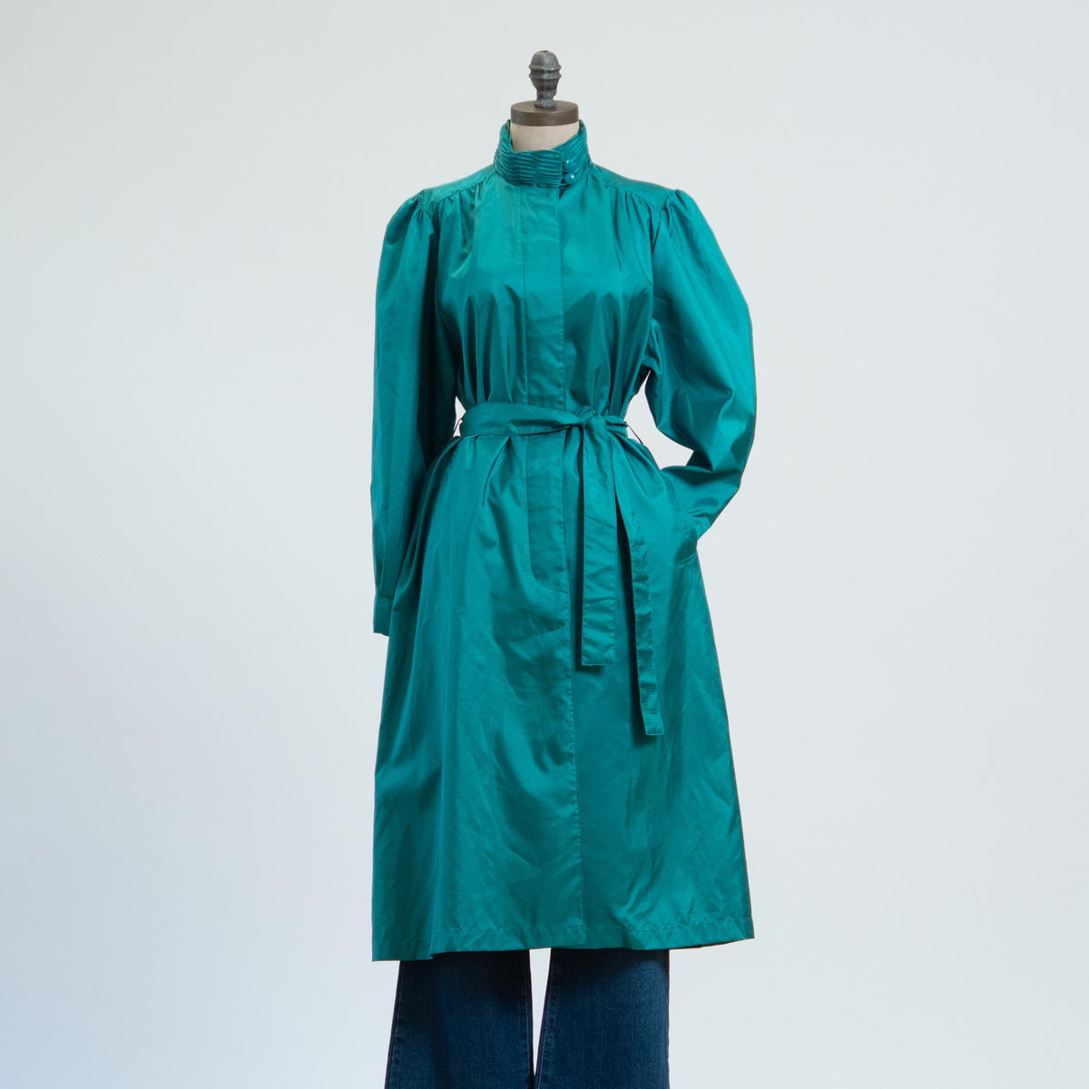 Vintage 80s Shiny Teal Belted Rain Jacket - Petite Large | Puff Sleeve Mid Length Trench Coat
