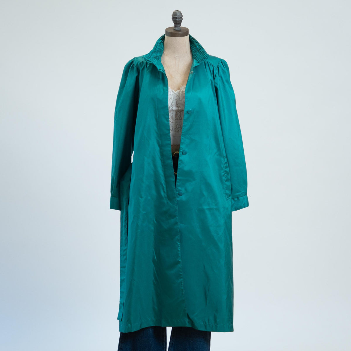 Vintage 80s Shiny Teal Belted Rain Jacket - Petite Large | Puff Sleeve Mid Length Trench Coat