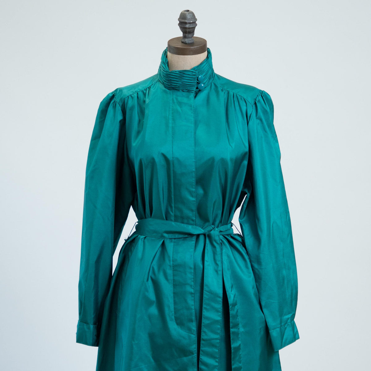 Vintage 80s Shiny Teal Belted Rain Jacket - Petite Large | Puff Sleeve Mid Length Trench Coat