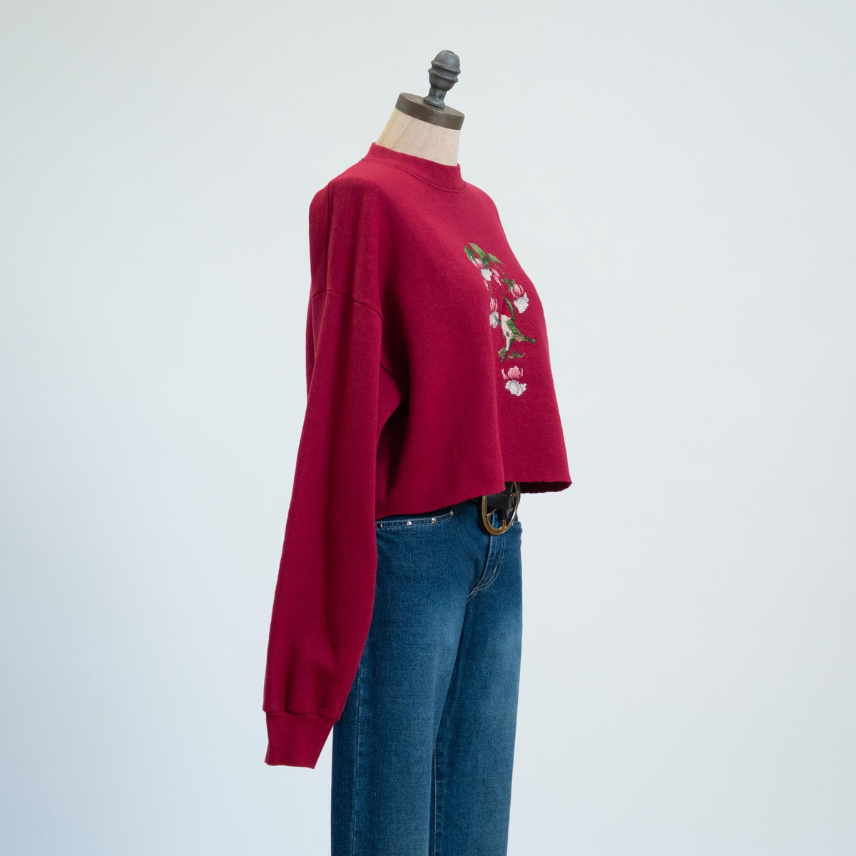 Vintage 90s Hummingbird Cross Stitch Cropped Sweatshirt - Extra Large | Wine Red Crewneck Crop Top