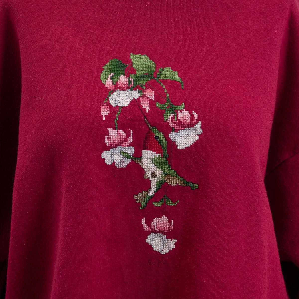 Vintage 90s Hummingbird Cross Stitch Cropped Sweatshirt - Extra Large | Wine Red Crewneck Crop Top