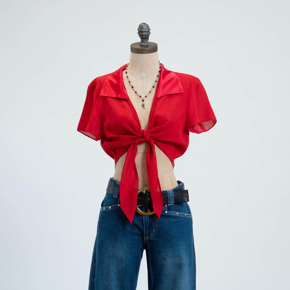 Vintage 90s Red Chiffon & Satin Crop Top - Medium to Large | Short Sleeve Tie Front Blouse