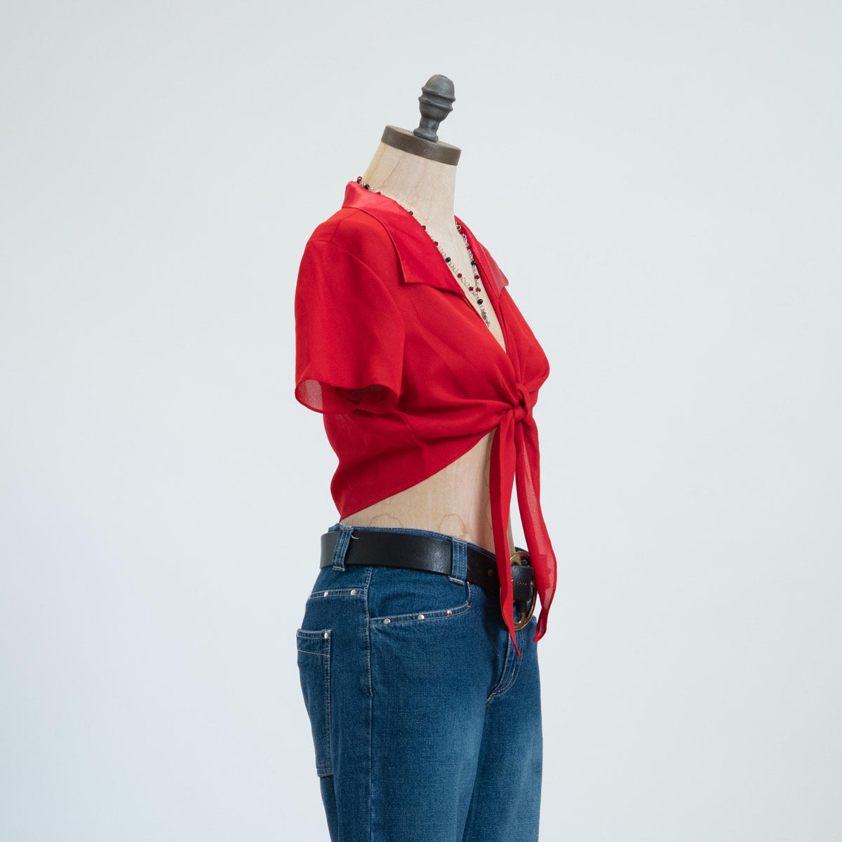 Vintage 90s Red Chiffon & Satin Crop Top - Medium to Large | Short Sleeve Tie Front Blouse