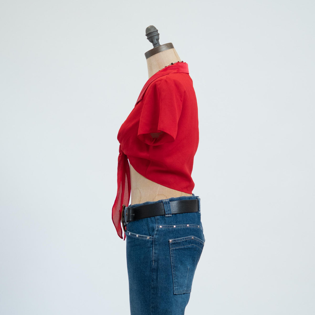 Vintage 90s Red Chiffon & Satin Crop Top - Medium to Large | Short Sleeve Tie Front Blouse