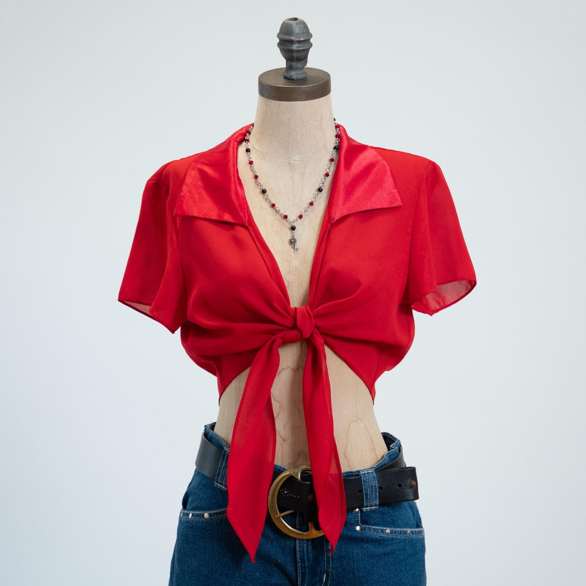 Vintage 90s Red Chiffon & Satin Crop Top - Medium to Large | Short Sleeve Tie Front Blouse