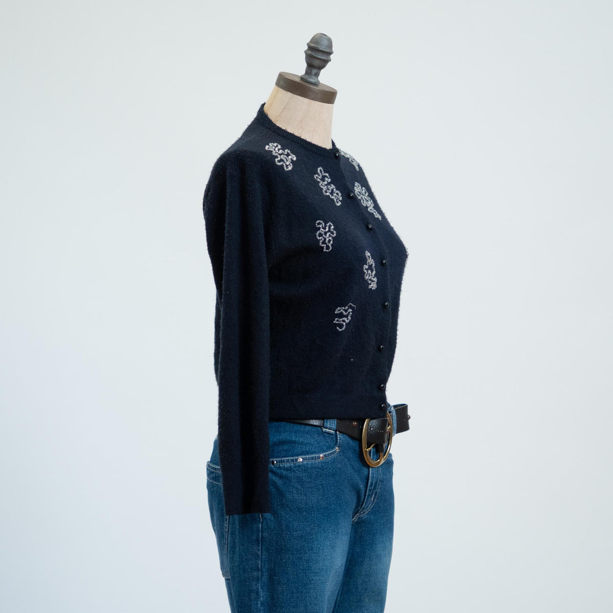 Vintage 50s Midnight Blue Cashmere Beaded Cardigan, As Is - Small | Cropped Button Up Lightweight Sweater