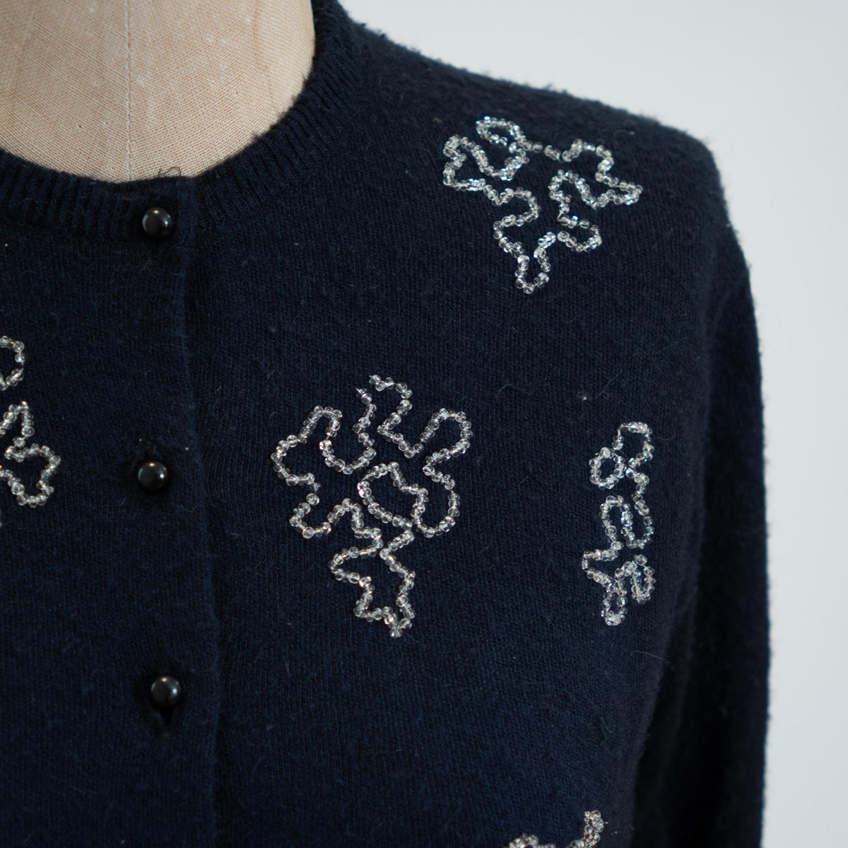 Vintage 50s Midnight Blue Cashmere Beaded Cardigan, As Is - Small | Cropped Button Up Lightweight Sweater