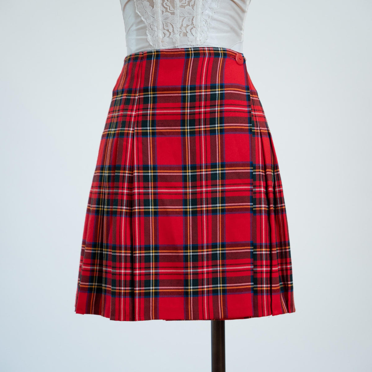 Vintage 90s Red Plaid Schoolgirl Mini Skirt - Extra Small, 24" Waist | High Waisted Pleated Wrap Skirt