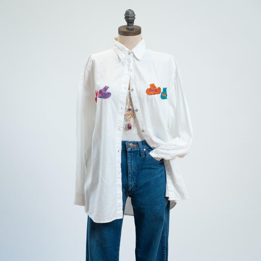 Vintage 90s Cowboy Hat Embroidered White Cotton Shirt - Large | Vintage Long Sleeve Western Top