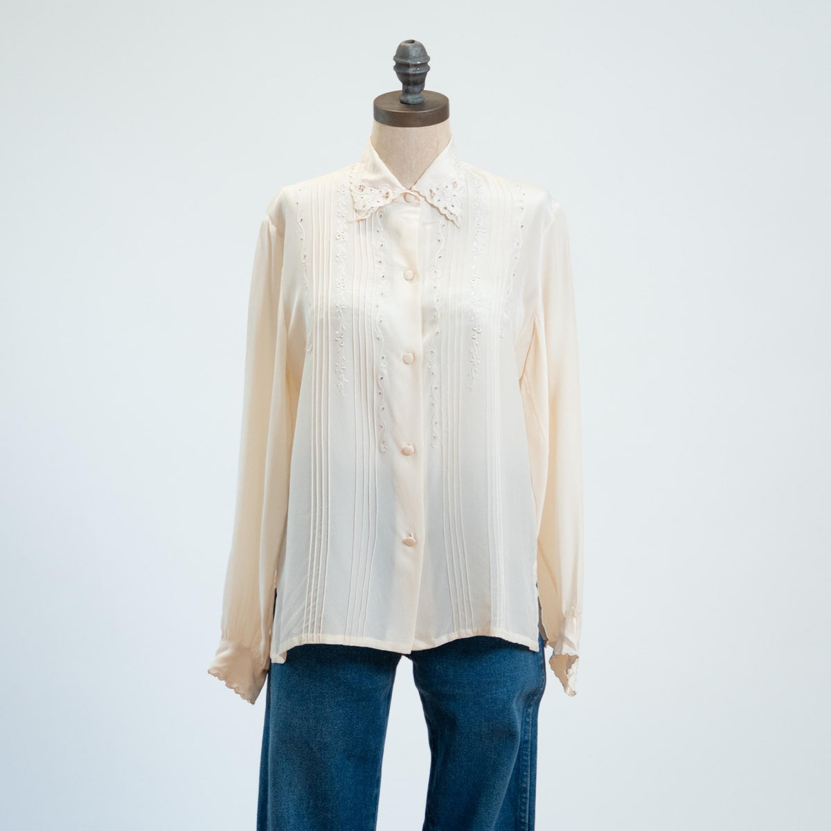 Vintage 70s Ivory Silk Eyelet Blouse - Large | Peony Boho Long Sleeve Button Up Top