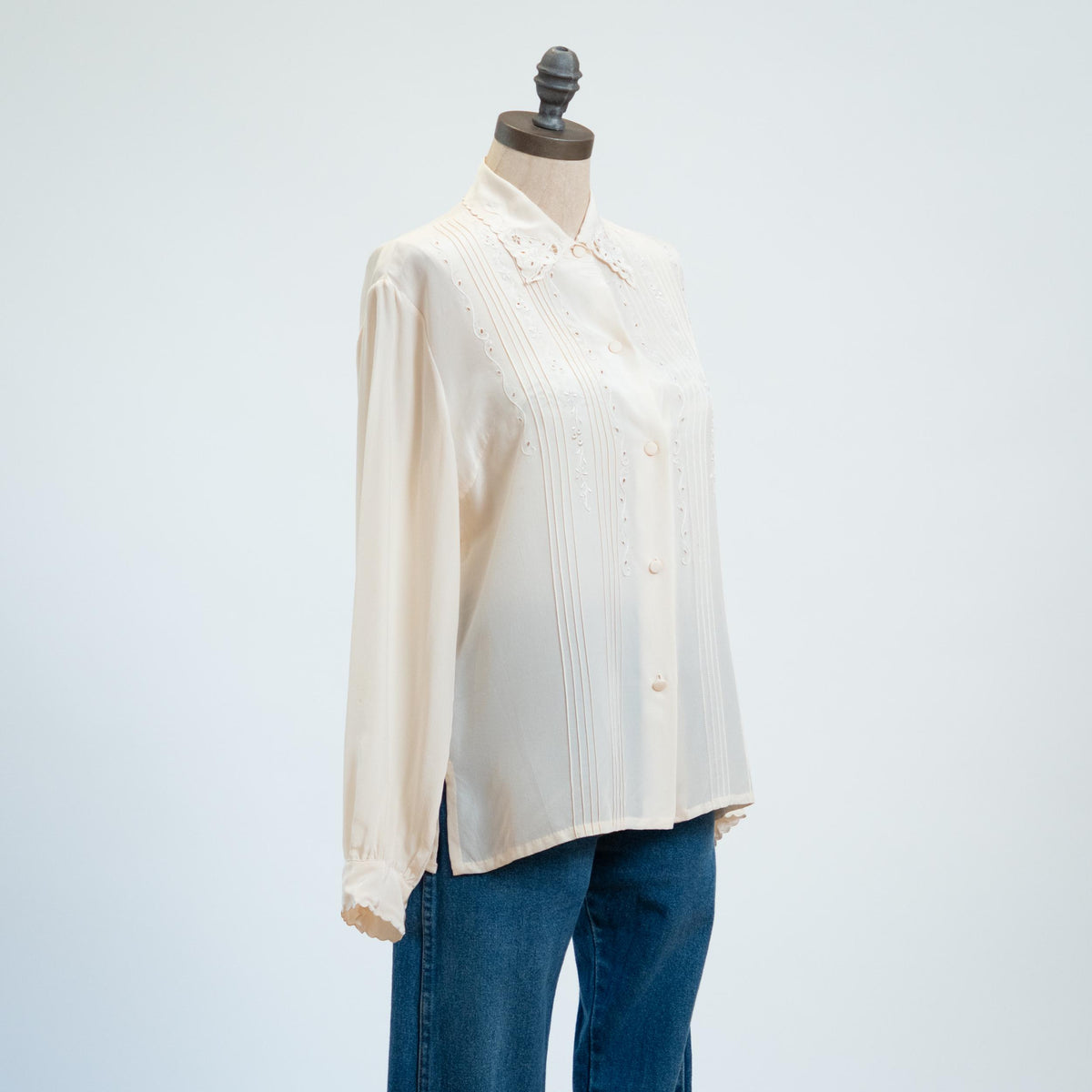 Vintage 70s Ivory Silk Eyelet Blouse - Large | Peony Boho Long Sleeve Button Up Top