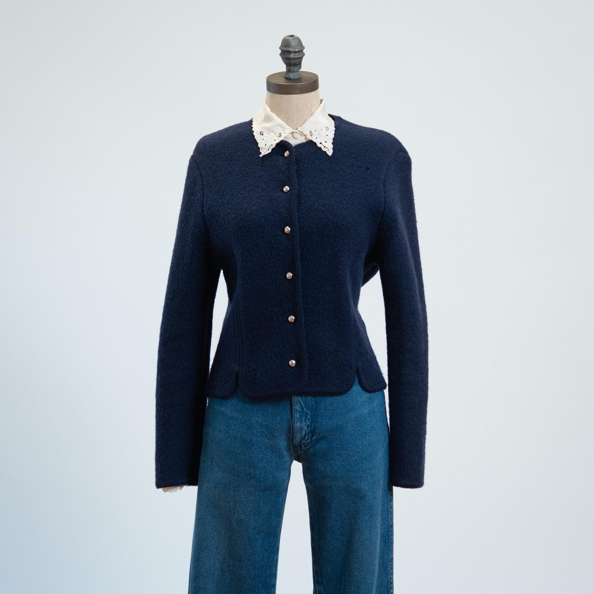 Vintage 80s Tyrolean Midnight Blue Wool Alpine Cardigan - Small | Knit Trachten Folk Sweater
