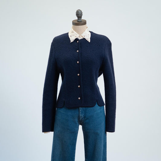 Vintage 80s Tyrolean Midnight Blue Wool Alpine Cardigan - Small | Knit Trachten Folk Sweater