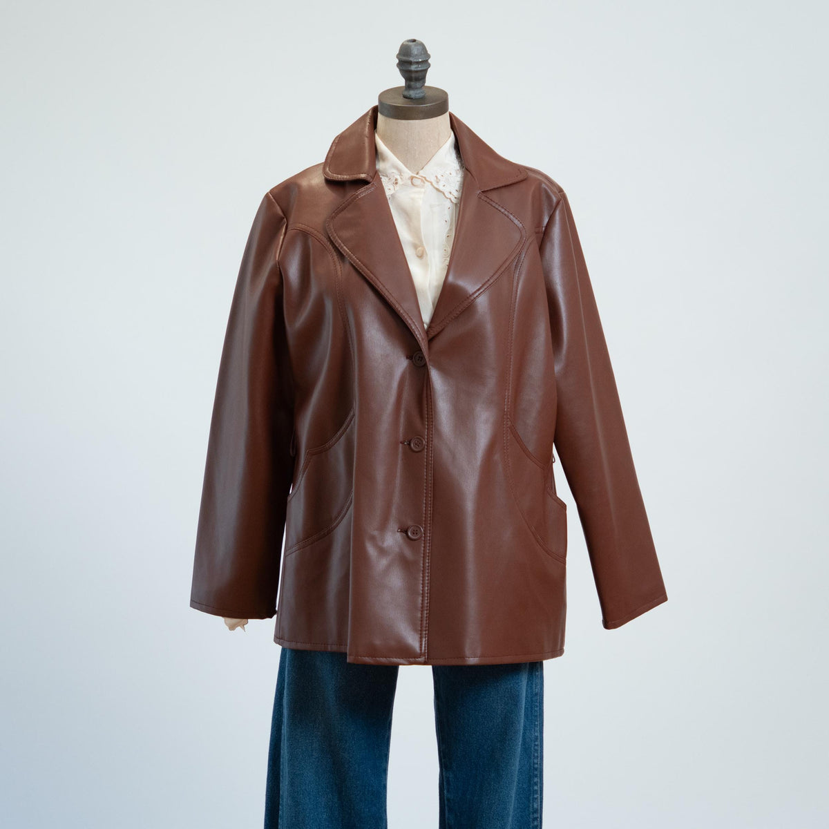 Vintage 70s Brown Vinyl Faux Leather Jacket - Extra Large | Button Up Notched Collar Blazer