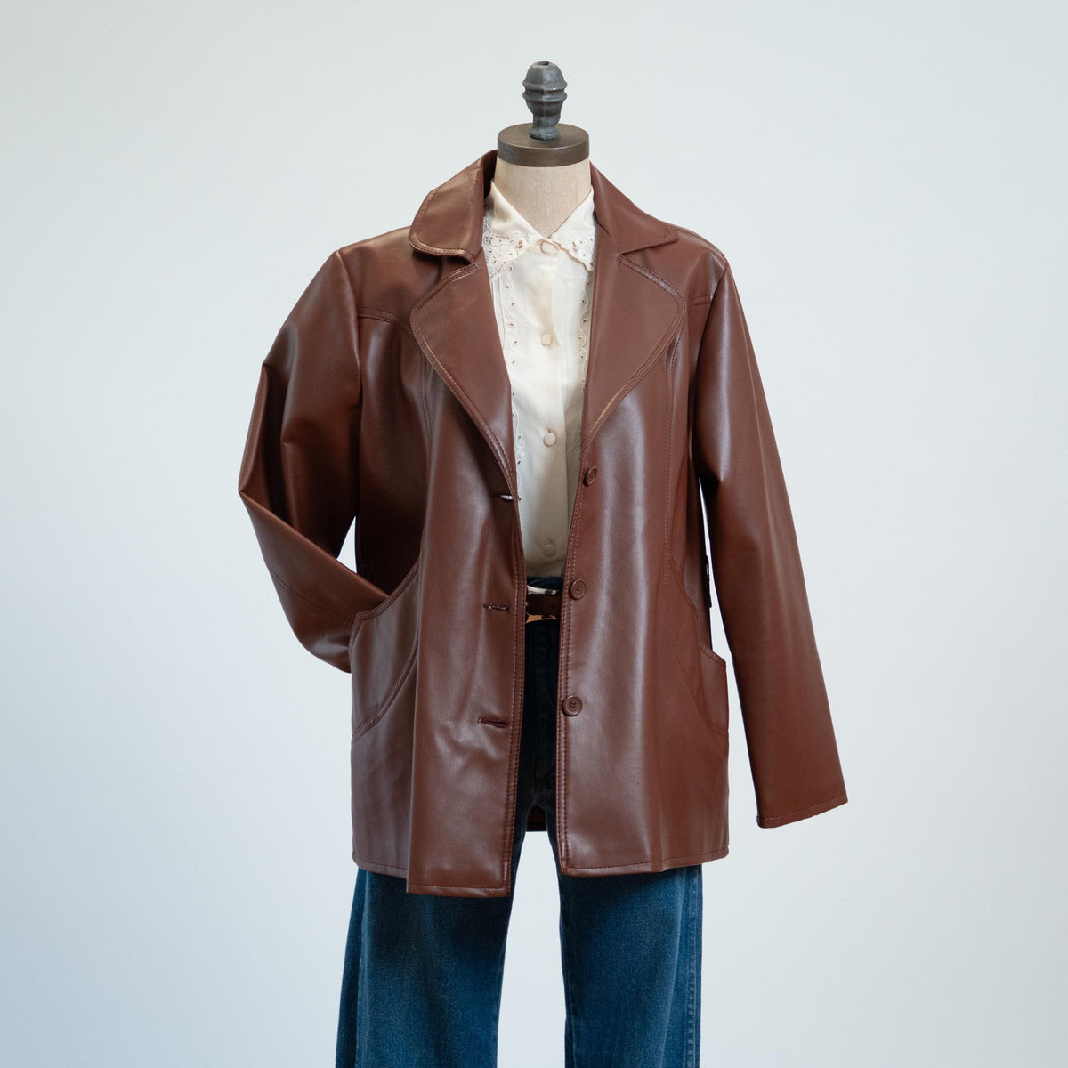 Vintage 70s Brown Vinyl Faux Leather Jacket - Extra Large | Button Up Notched Collar Blazer