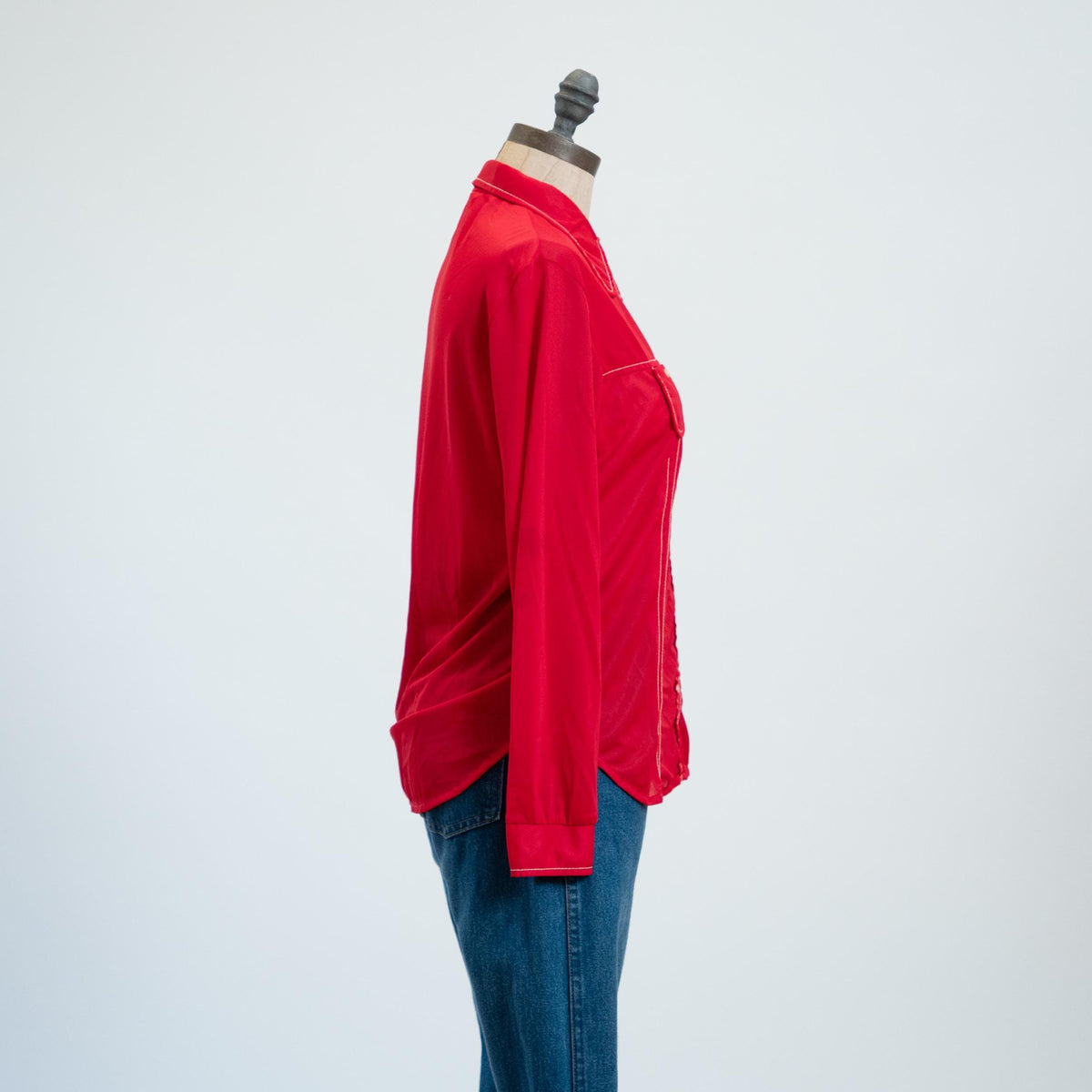 Vintage 70s Mod Red Button Up Dog Ear Collar Top, As Is - Extra Small | Long Sleeve Contrast Stitch Shirt