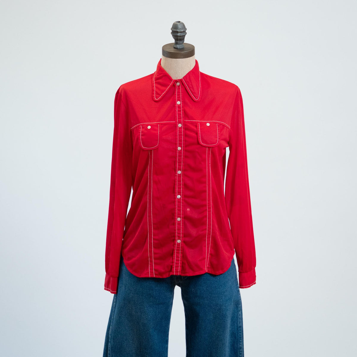 Vintage 70s Mod Red Button Up Dog Ear Collar Top, As Is - Extra Small | Long Sleeve Contrast Stitch Shirt