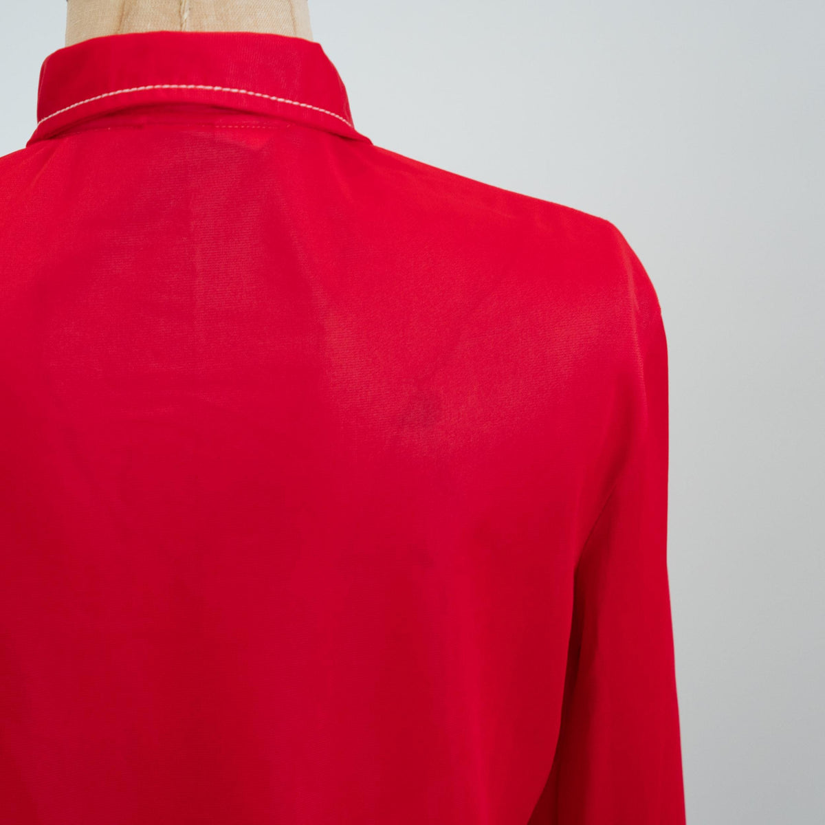 Vintage 70s Mod Red Button Up Dog Ear Collar Top, As Is - Extra Small | Long Sleeve Contrast Stitch Shirt